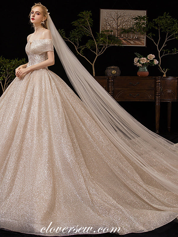 Shiny Sequin Tulle Off The Shoulder Ball Gown Fashion Wedding Dresses, CW0073