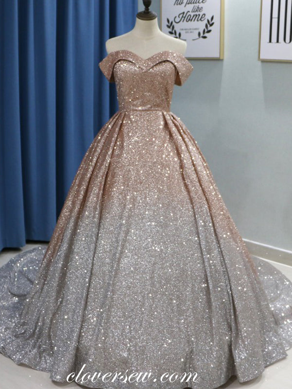 Shiny Sequin Tulle Off The Shoulder Ball Gown Prom Dresses, CP0139