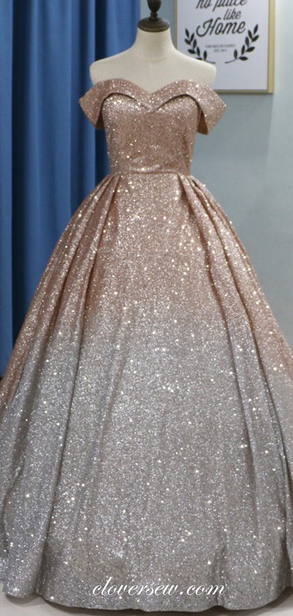 Shiny Sequin Tulle Off The Shoulder Ball Gown Prom Dresses, CP0139