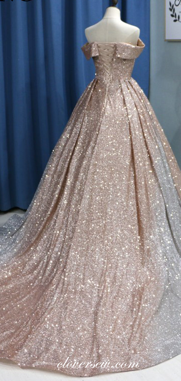 Shiny Sequin Tulle Off The Shoulder Ball Gown Prom Dresses, CP0139