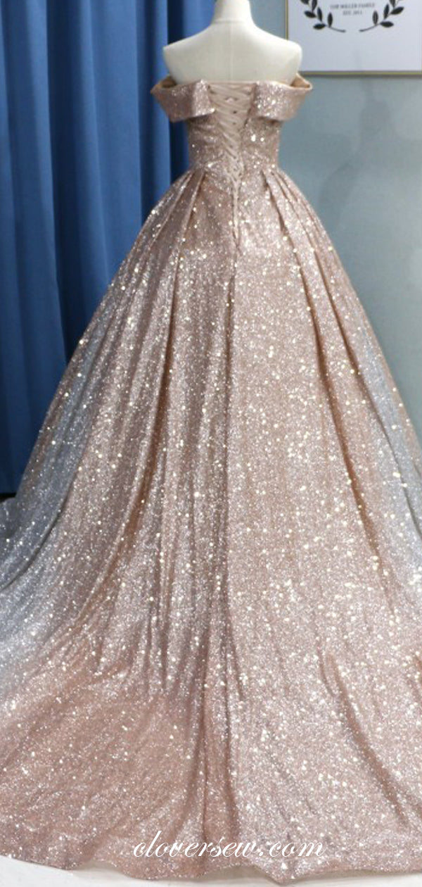 Shiny Sequin Tulle Off The Shoulder Ball Gown Prom Dresses, CP0139
