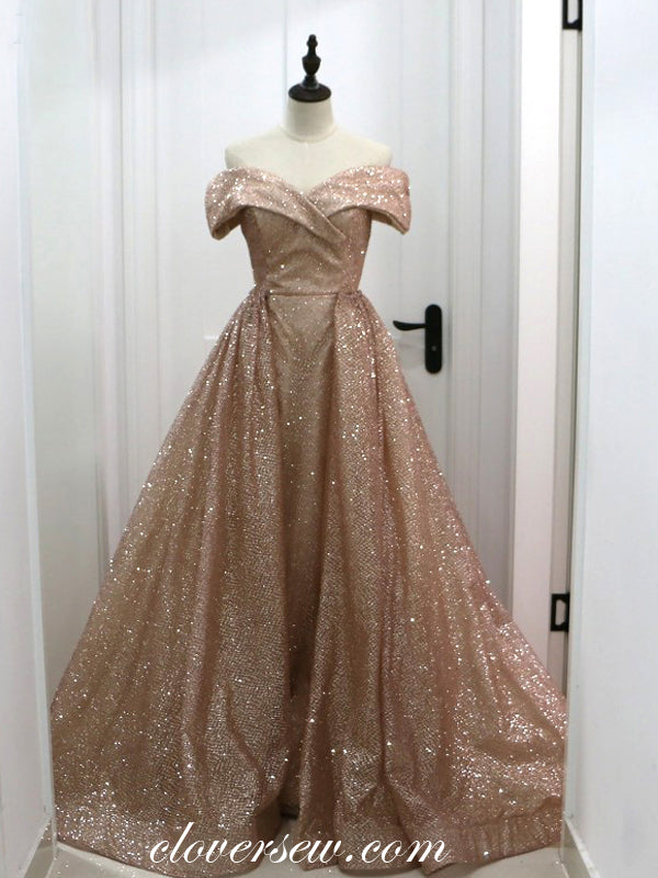 Shiny Sequin Tulle Off The Shoulder Detachable Skirt A-line Prom Dresses,CP0140