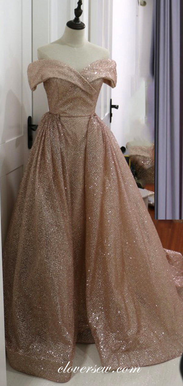 Shiny Sequin Tulle Off The Shoulder Detachable Skirt A-line Prom Dresses,CP0140