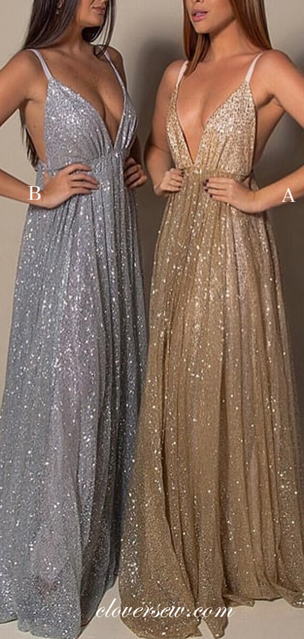 Shiny Sequin Tulle Spaghetti Strap Backless A-line Prom Dresses,CP0288