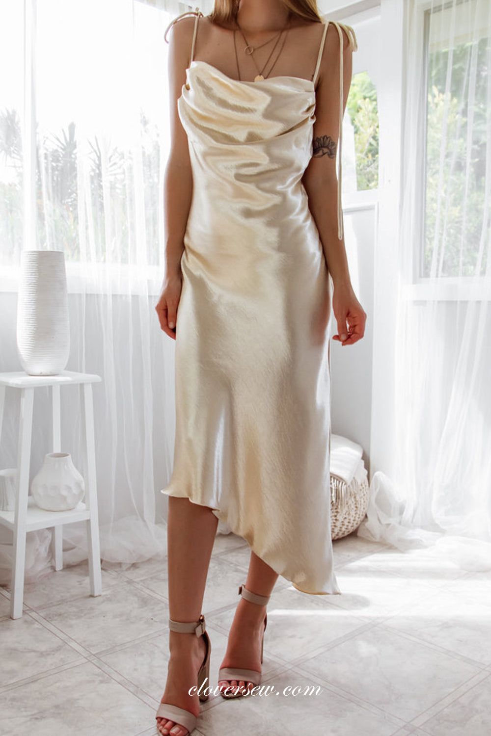 Silk Satin Spaghetti Strap High Low Sheath Fashion Bridesmaid Dresses, CB0290