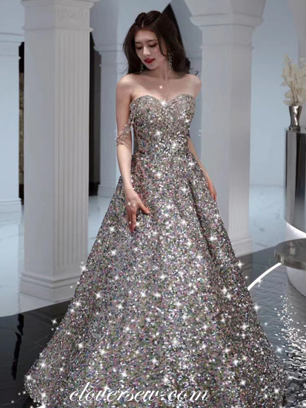 Silver Sequin Beading Strap Sparkly A-line Prom Dresses, CP0967