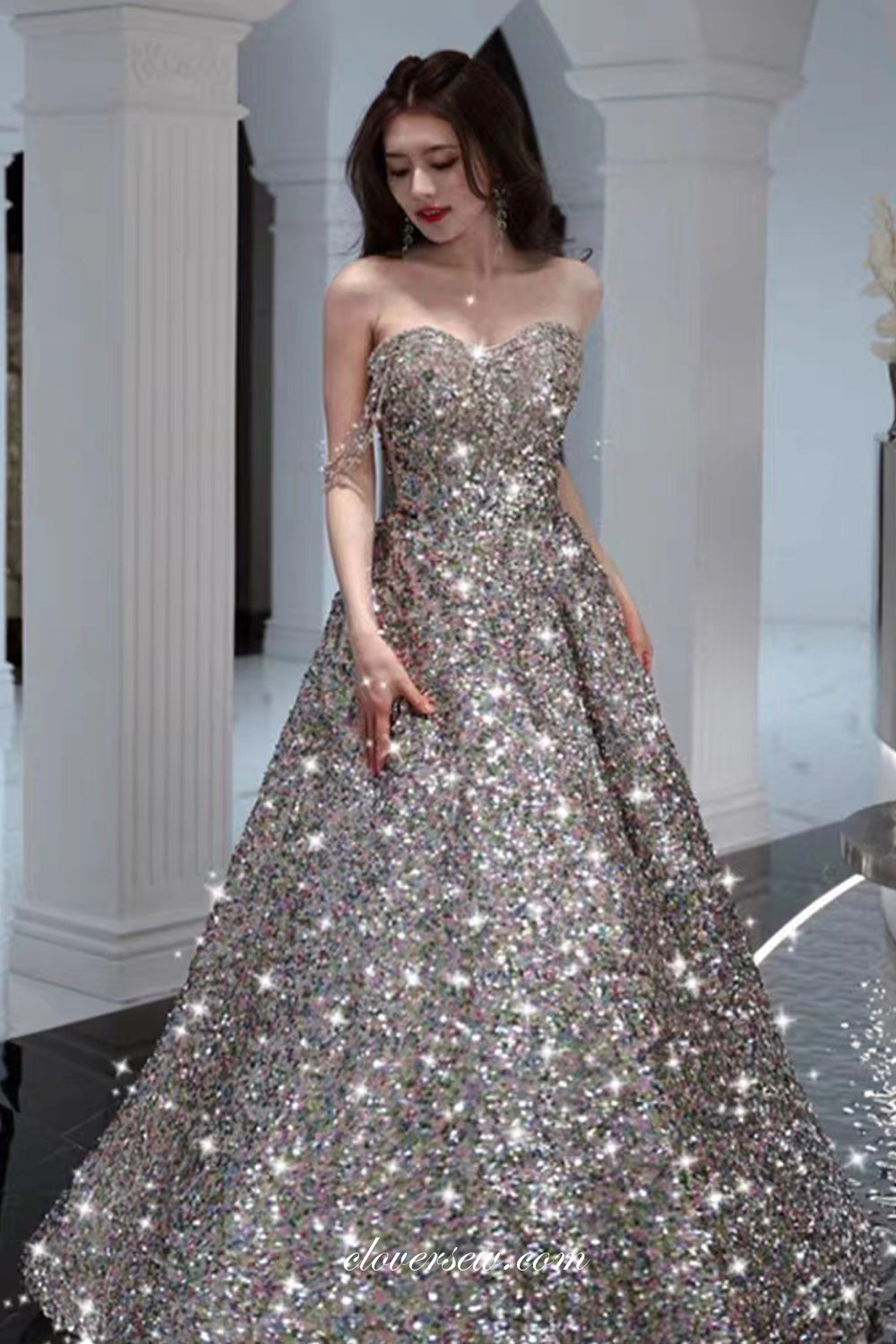 Silver Sequin Beading Strap Sparkly A-line Prom Dresses, CP0967