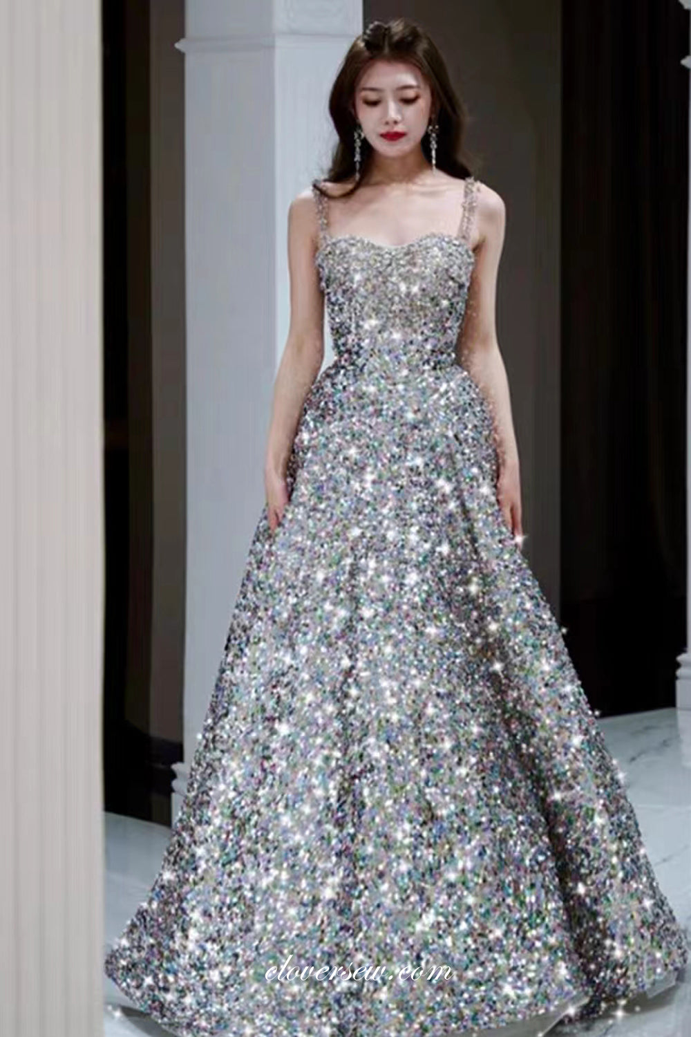 Silver Sequin Beading Strap Sparkly A-Line Prom Dresses, CP0967 US2 / As Pic Silver Sequin Beading Strap Sparkly A-Line Prom Dresses, CP0967 US2 / As Pic