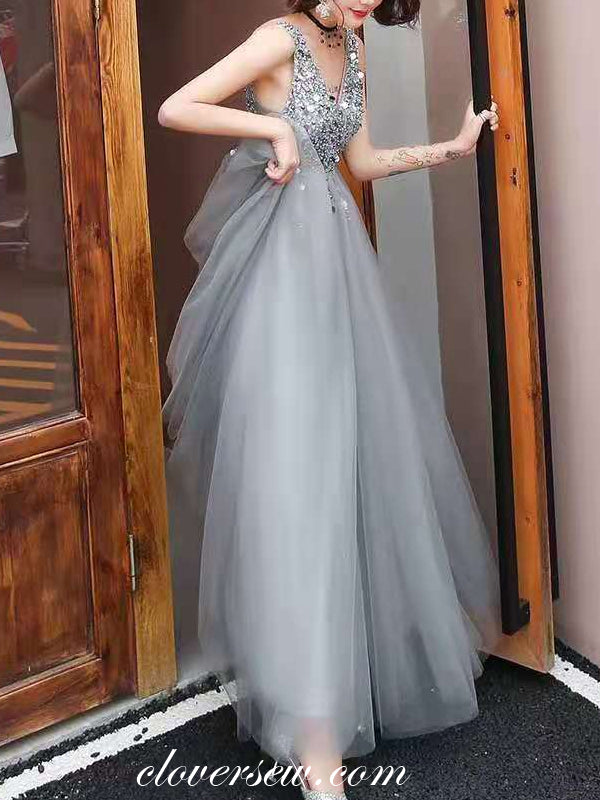 Silver Sequin V-neck Sleeveless A-line Prom Dresses, CP0662