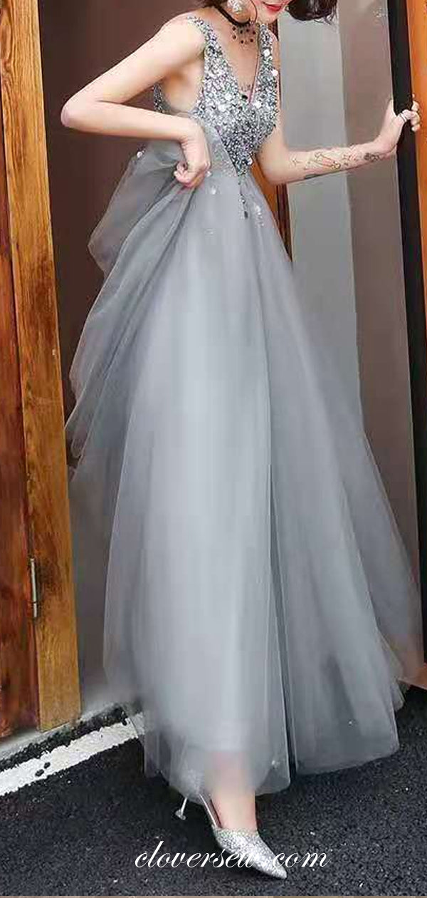 Silver Sequin V-neck Sleeveless A-line Prom Dresses, CP0662