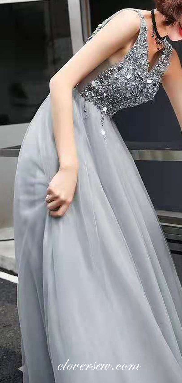 Silver Sequin V-neck Sleeveless A-line Prom Dresses, CP0662