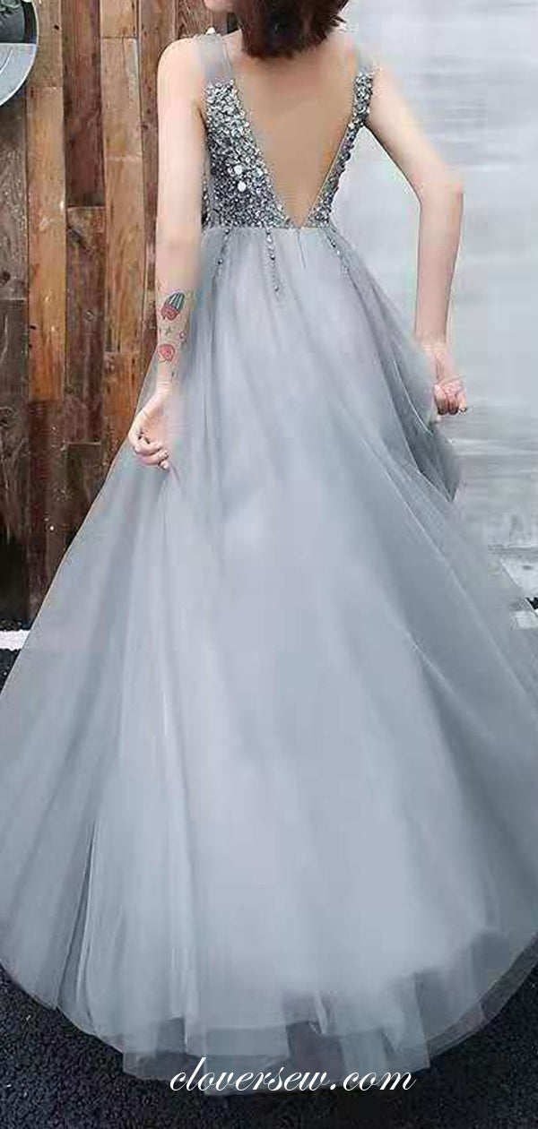 Silver Sequin V-neck Sleeveless A-line Prom Dresses, CP0662