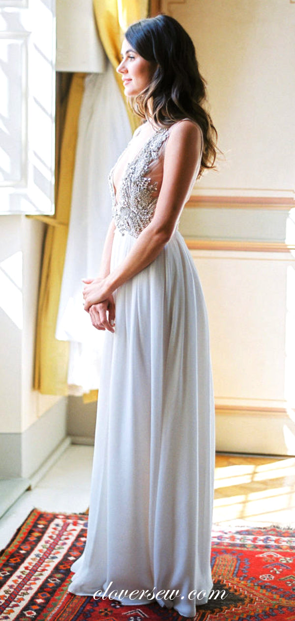 Silver Bead Rhinestones Chiffon See Through Beach Wedding Dresses,CW0093