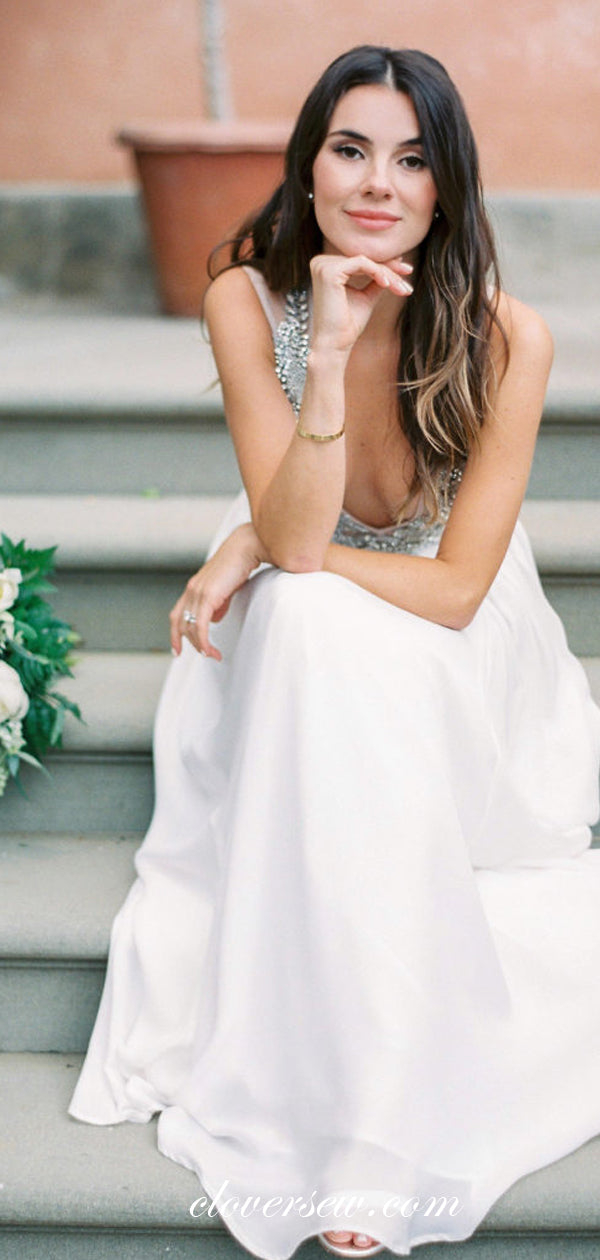 Silver Bead Rhinestones Chiffon See Through Beach Wedding Dresses,CW0093