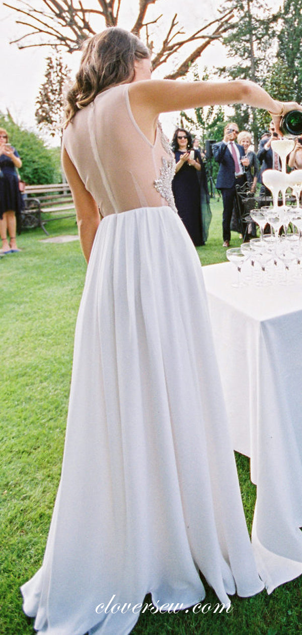 Silver Bead Rhinestones Chiffon See Through Beach Wedding Dresses,CW0093