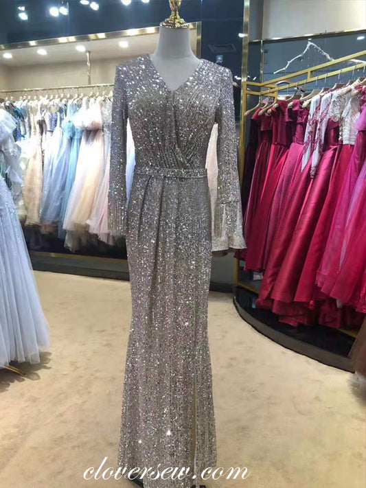 Silver Sequin Long Sleeves With Tassels Sheath Prom Dresses,CP0230