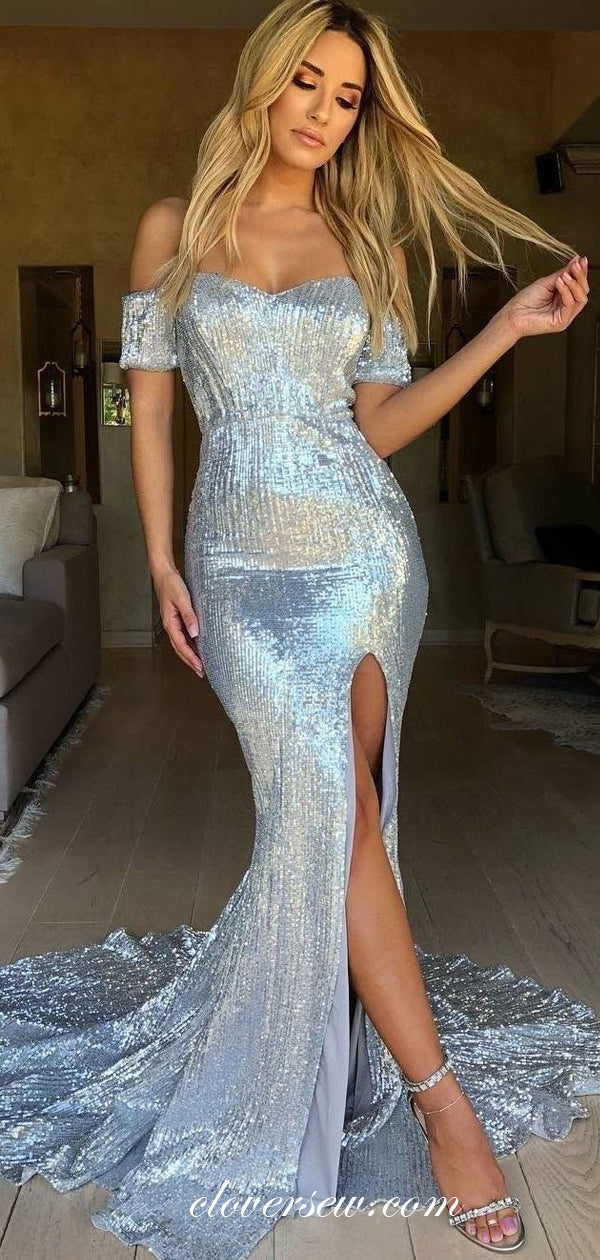 Silver Sequin Off The Shoulder Side Slit Mermaid Prom Dresses,CP0196