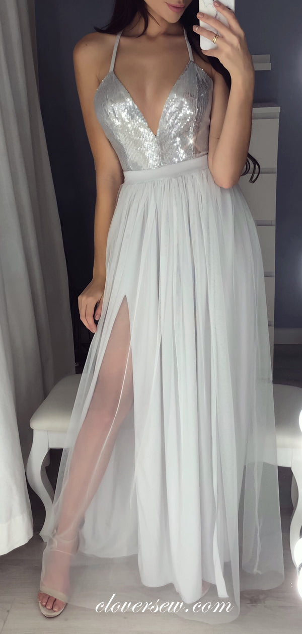 Silver Sequin Tulle Spaghetti Strap Backless A-line Prom Dresses,CP0253