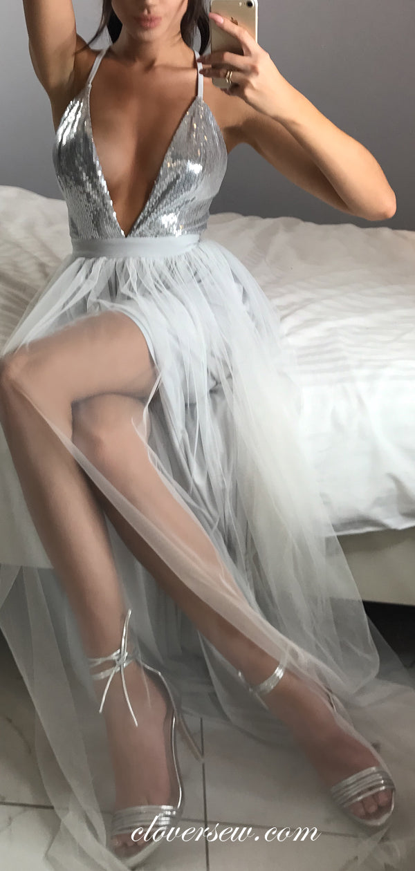 Silver Sequin Tulle Spaghetti Strap Backless A-line Prom Dresses,CP0253
