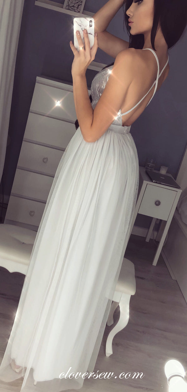 Silver Sequin Tulle Spaghetti Strap Backless A-line Prom Dresses,CP0253