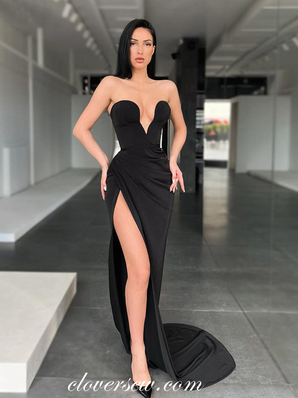 Simple Black V-neck Strapless Side Slit Sheath Long Formal Dresses, CP0960