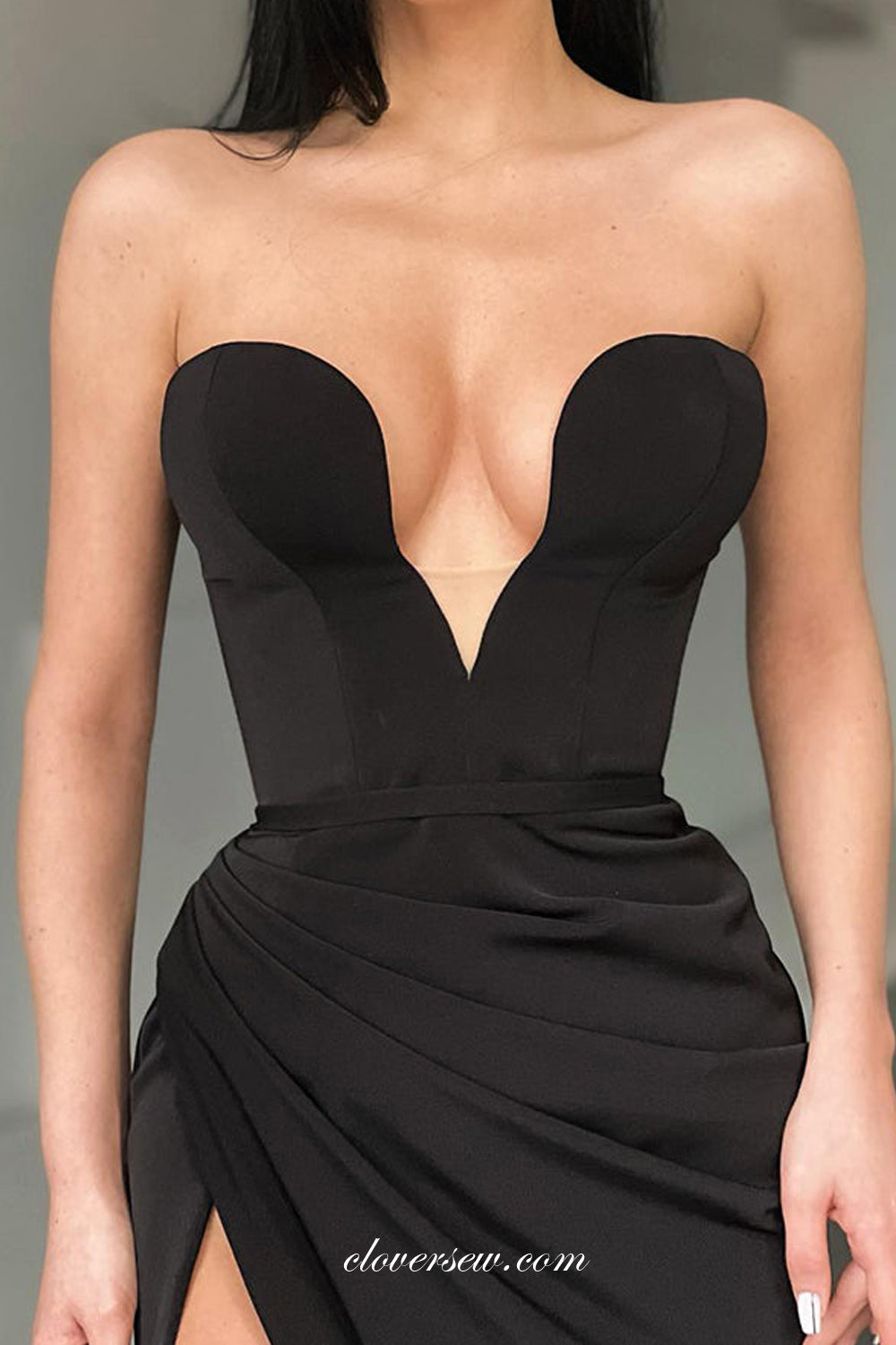 Simple Black V-neck Strapless Side Slit Sheath Long Formal Dresses, CP0960