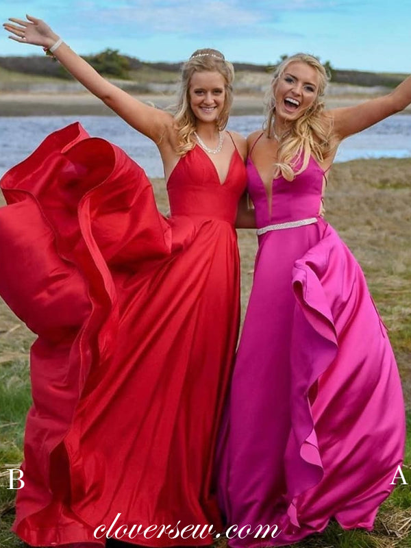 Simple Elastic Satin Spaghetti Strap Lace Up Back A-line Prom Dresses,CP0275