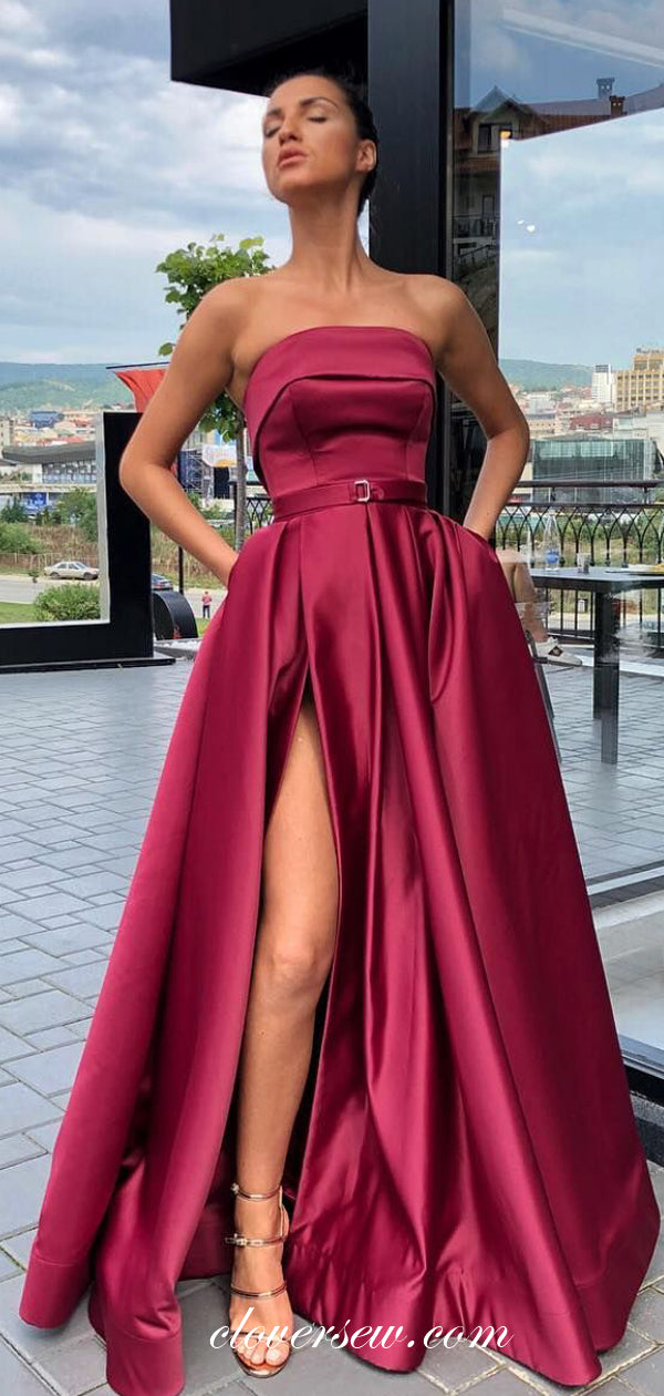Simple Fshion Satin Strapless With Pockets Side Slit Prom Dresses,CP0381