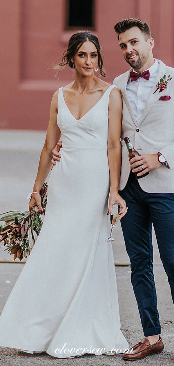 Simple Satin Sleeveless V-neck V-back A-line Wedding Dresses , CW0023 clover sew Simple Satin Sleeveless V-neck V-back A-line Wedding Dresses , CW0023 clover sew