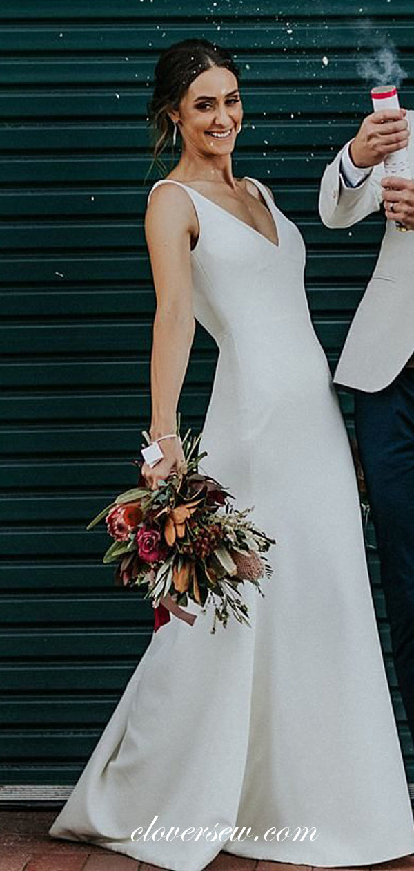 Simple Satin Sleeveless V-neck V-back A-line Wedding Dresses , CW0023