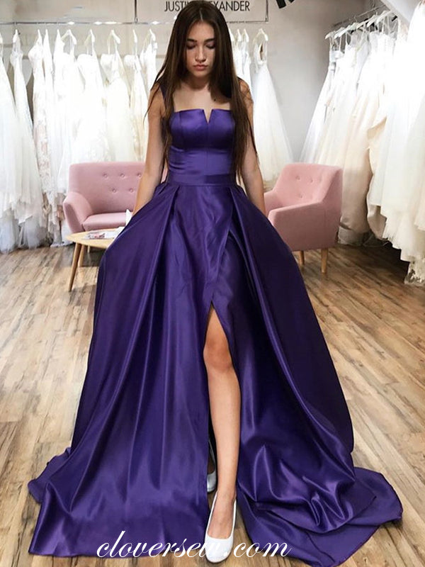 Simple Satin Strapelss Side Slit A-line Prom Dresses,CP0442