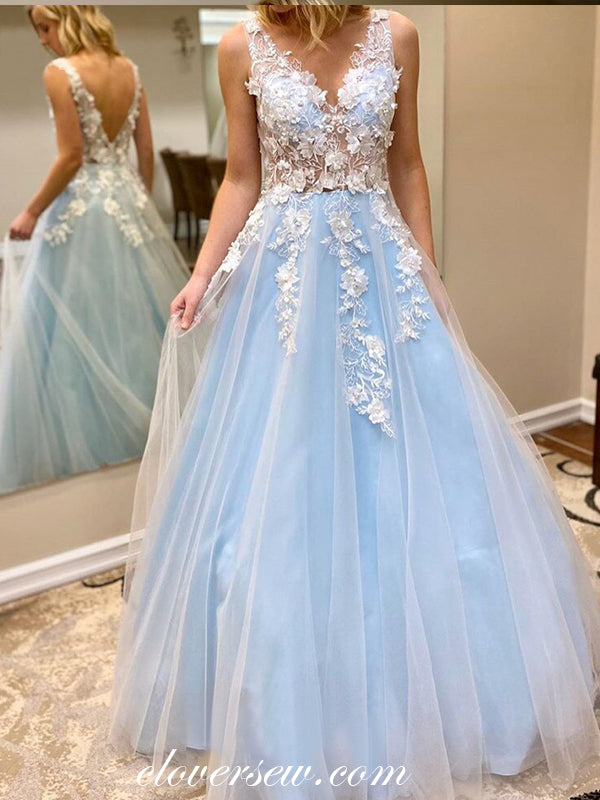 Sky Blue Applique Illusion Top V-back A-line Prom Dresses, CP0543