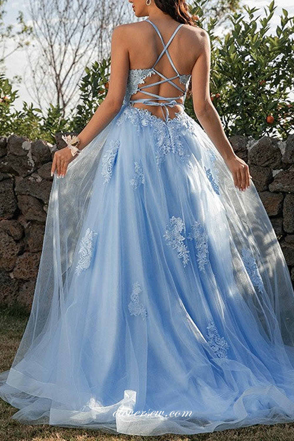 Sky Blue Applique Lace Up Open Back Side Slit Prom Dresses, CP0843
