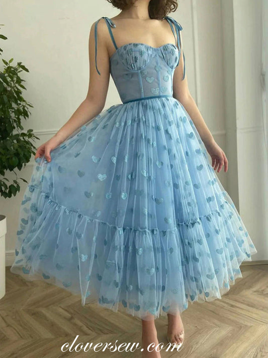 Sky Blue Heart Tulle Sweetheart Sleeveless Tea Length Popular Homecoming Dresses, CH0054