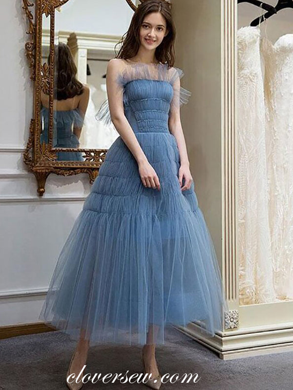 Sky Blue Ruffles Tulle Strapless Tea Length Prom Dresses, CP0504