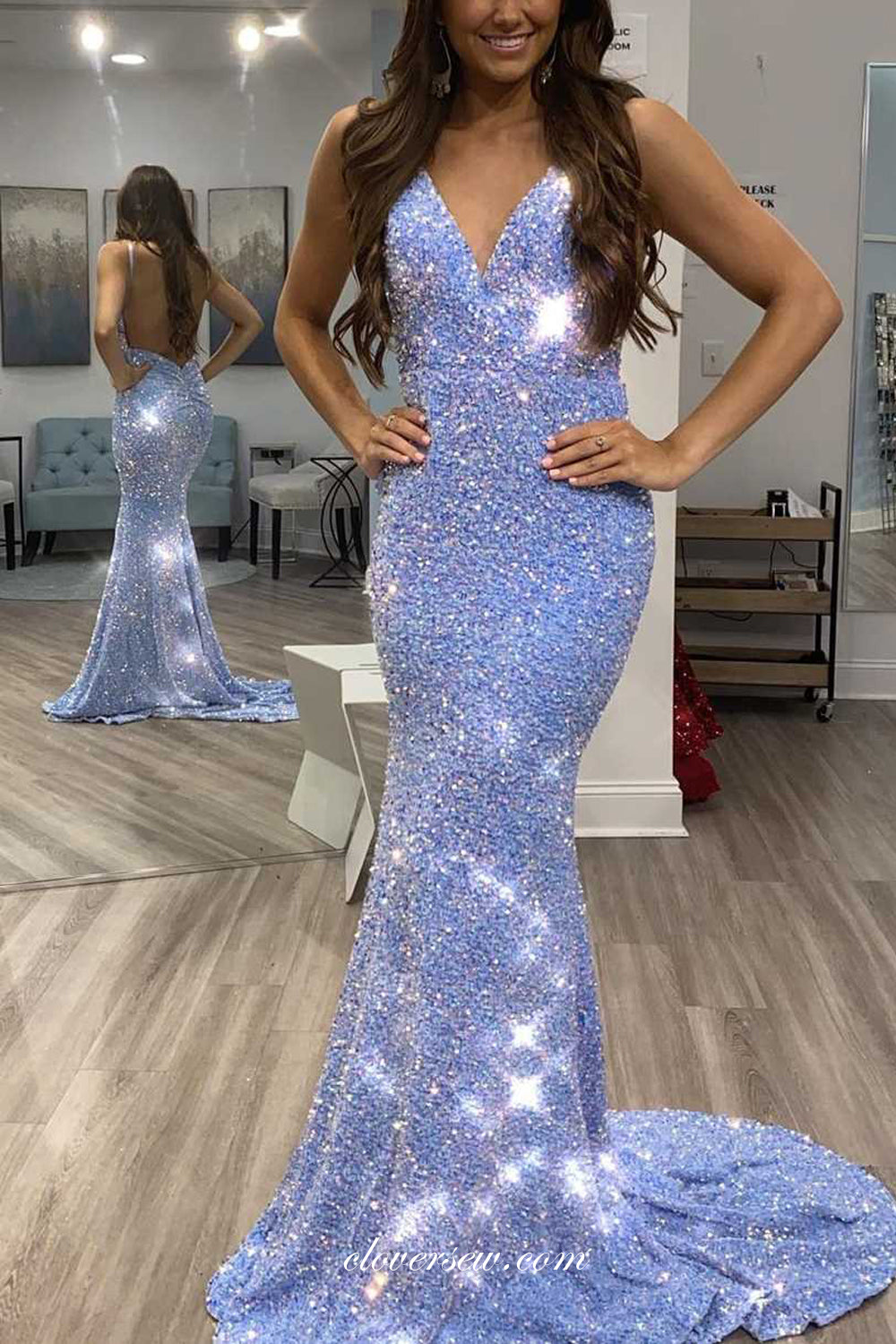 Sky Blue Sequined Backless Mermaid Shiny Prom Dresses, CP0819