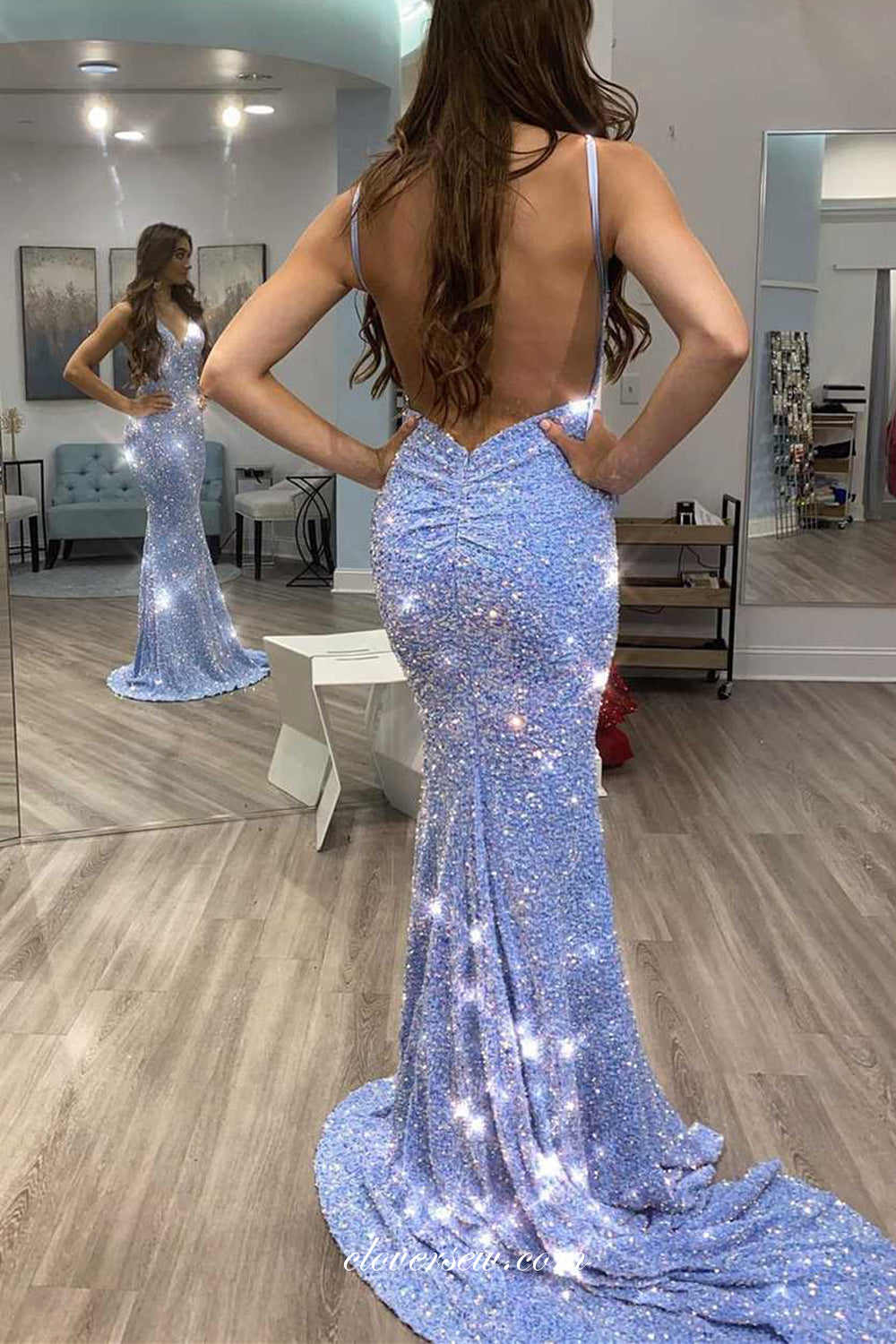 Sky Blue Sequined Backless Mermaid Shiny Prom Dresses, CP0819 clover sew Sky Blue Sequined Backless Mermaid Shiny Prom Dresses, CP0819 clover sew