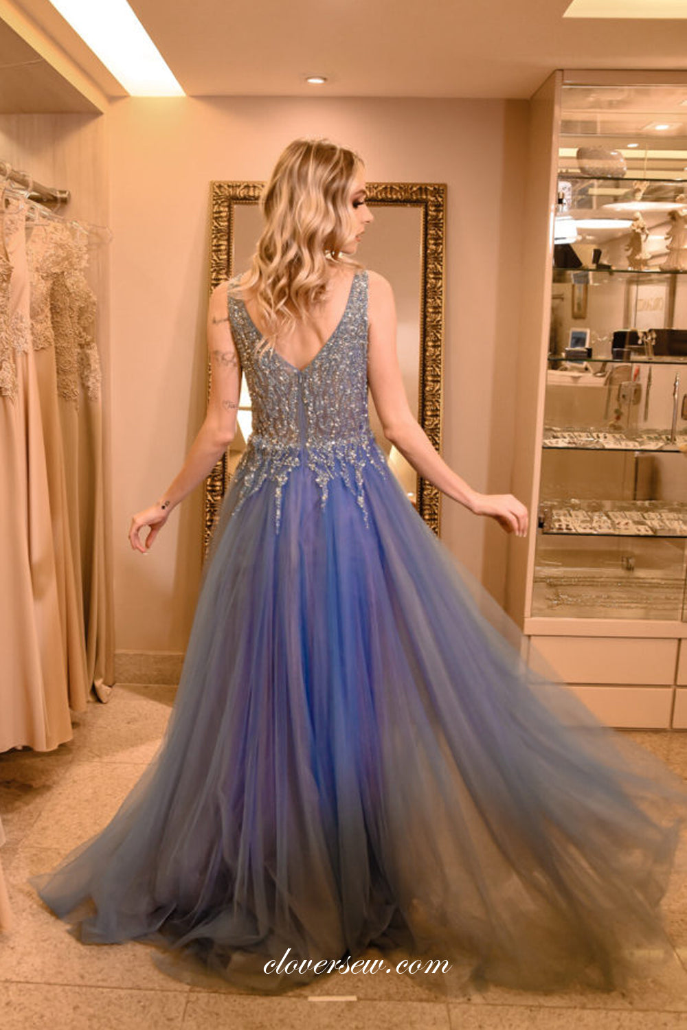 Sky Blue Shiny Bead Tulle Side Slit A-lne Prom Dresses, CP0711
