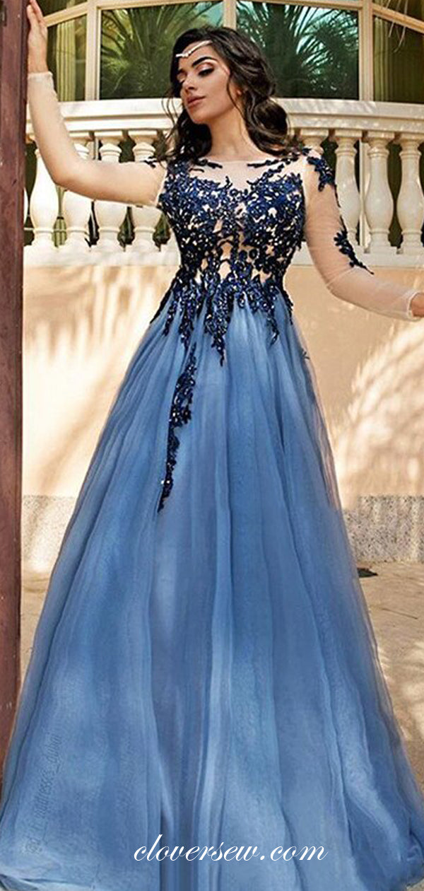 Sky Blue Tulle Beaded Applique Long Sleeves A-line Prom Dresses, CP049 clover sew Sky Blue Tulle Beaded Applique Long Sleeves A-line Prom Dresses, CP049 clover sew