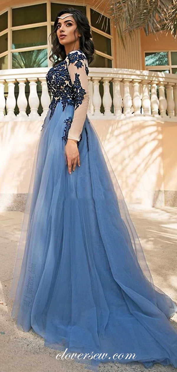 Sky Blue Tulle Beaded Applique Long Sleeves A-line Prom Dresses, CP0493