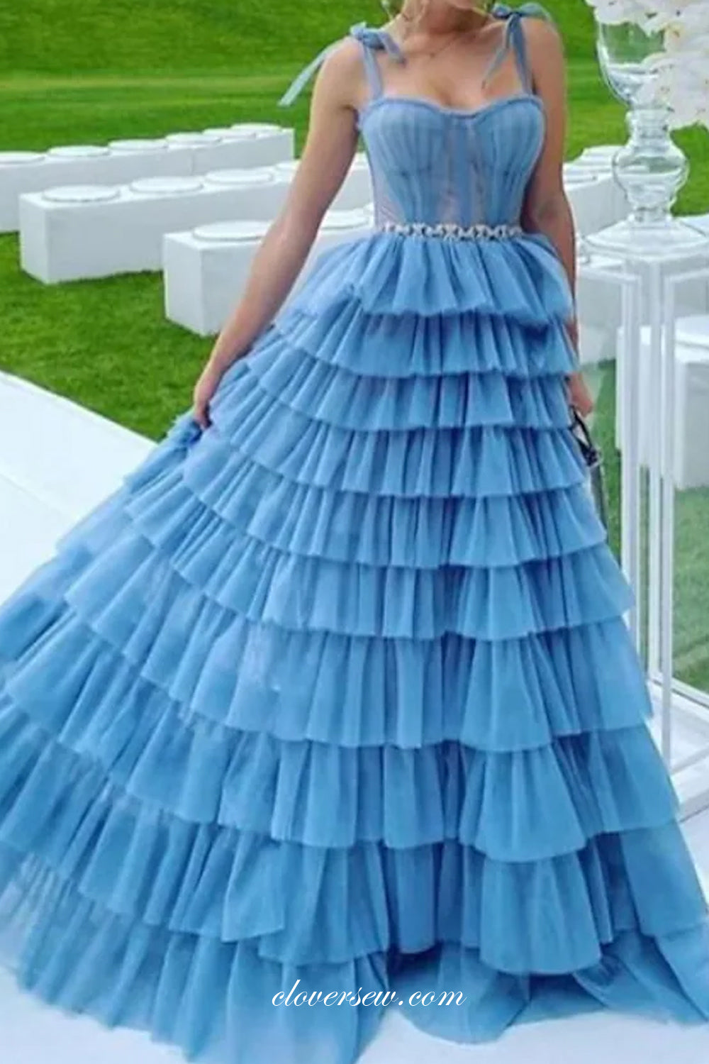 Sky Blue Tulle Sleeveless Tiered A-line Prom Dresses, CP0726