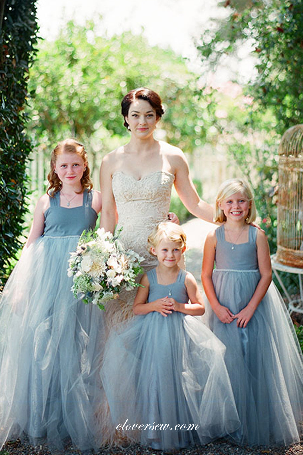 Sky Blue Tulle Square Neck Fluffy Flower Girl Dresses， CF0009