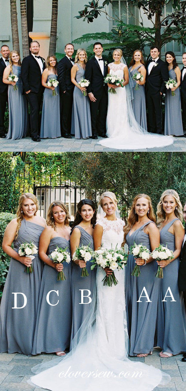 Sky Blue Chiffon A-line Mismatched Pleating Long Bridesmaid Dresses, CB0027