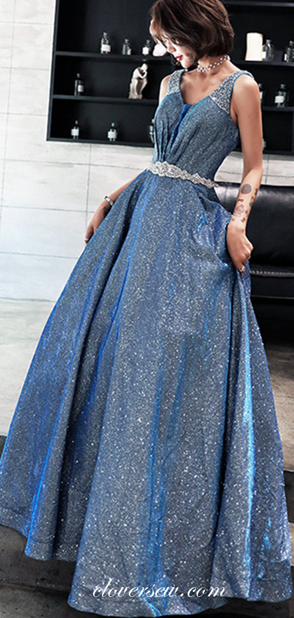 Sky Blue Shiny Satin A-line Prom Dresses ,CP0178
