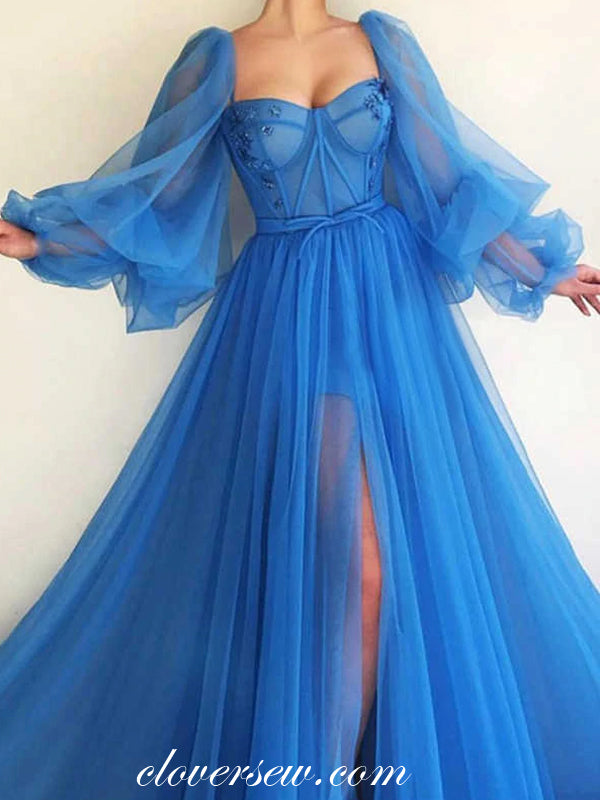 Sky Blue Tulle Long Lantern Sleeves A-line Prom Dresses, CP0483