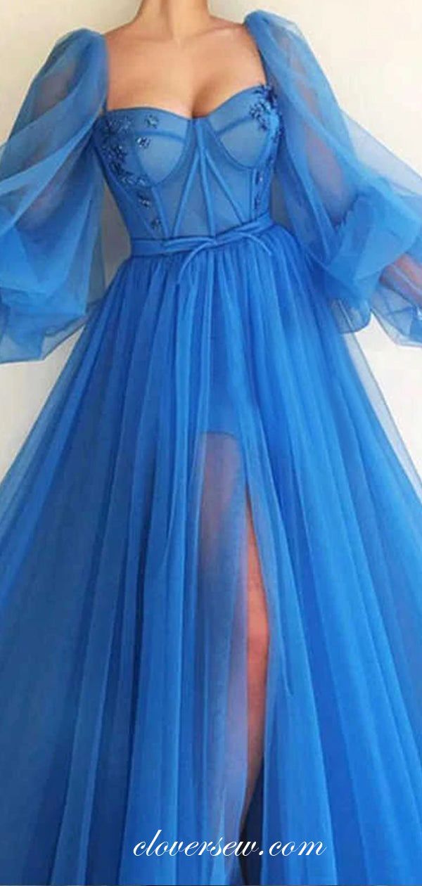 Sky Blue Tulle Long Lantern Sleeves A-line Prom Dresses, CP0483
