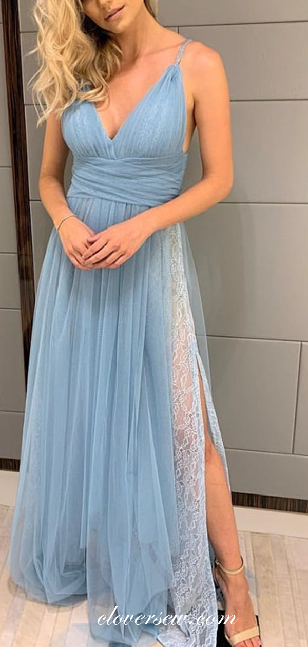 Sky Blue Tulle White Lace Sidce Slit Spaghetti Strap Prom Dresses,CP03 clover sew Sky Blue Tulle White Lace Sidce Slit Spaghetti Strap Prom Dresses,CP03 clover sew