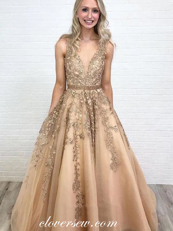 Sleeveless V-neck Lace Applique Bead Belt A-line Prom Dresses,CP0249