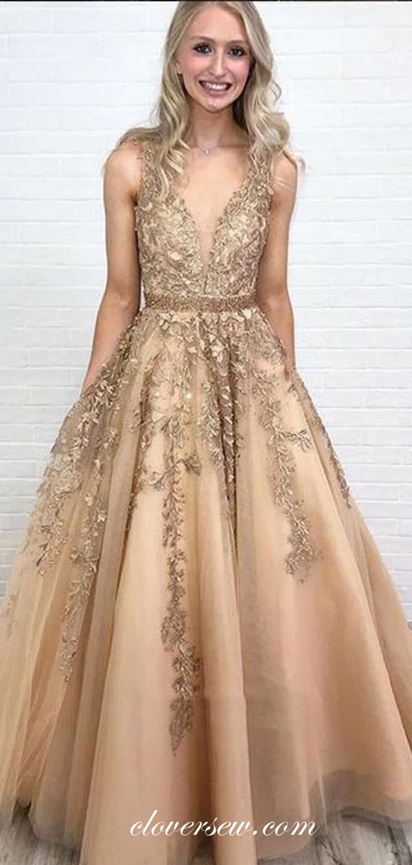 Sleeveless V-neck Lace Applique Bead Belt A-line Prom Dresses,CP0249