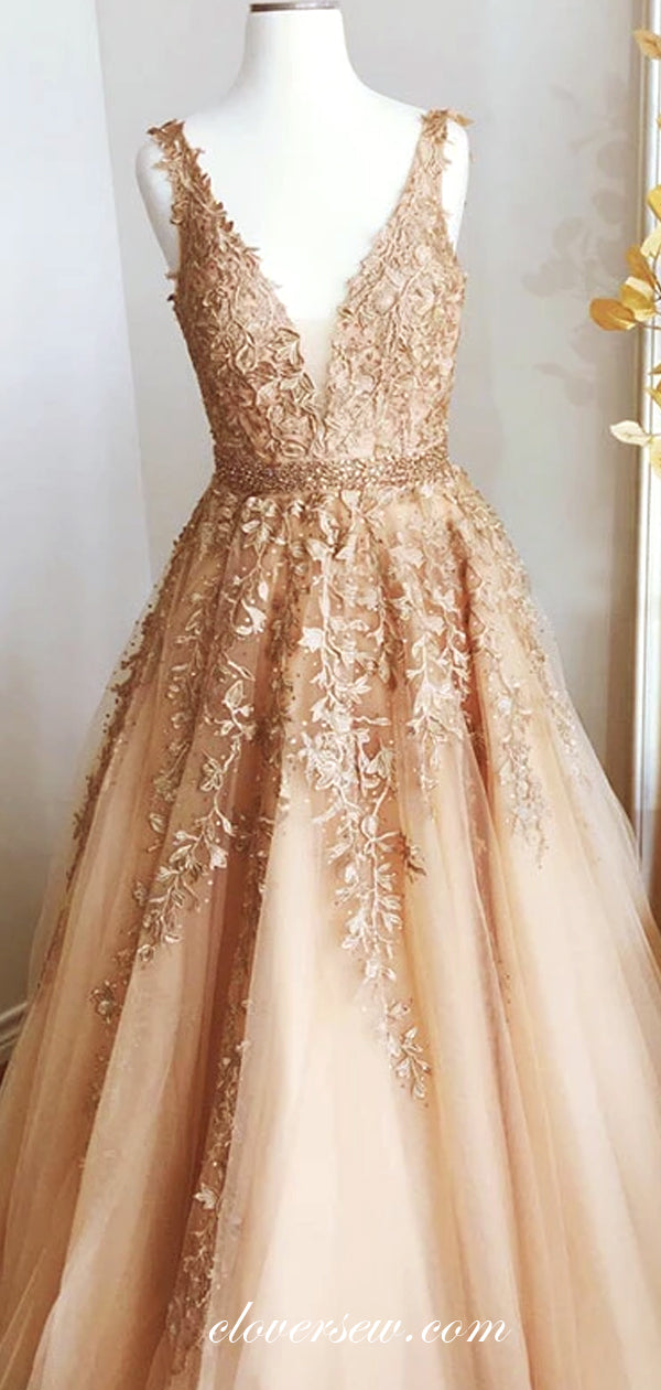 Sleeveless V-neck Lace Applique Bead Belt A-line Prom Dresses,CP0249
